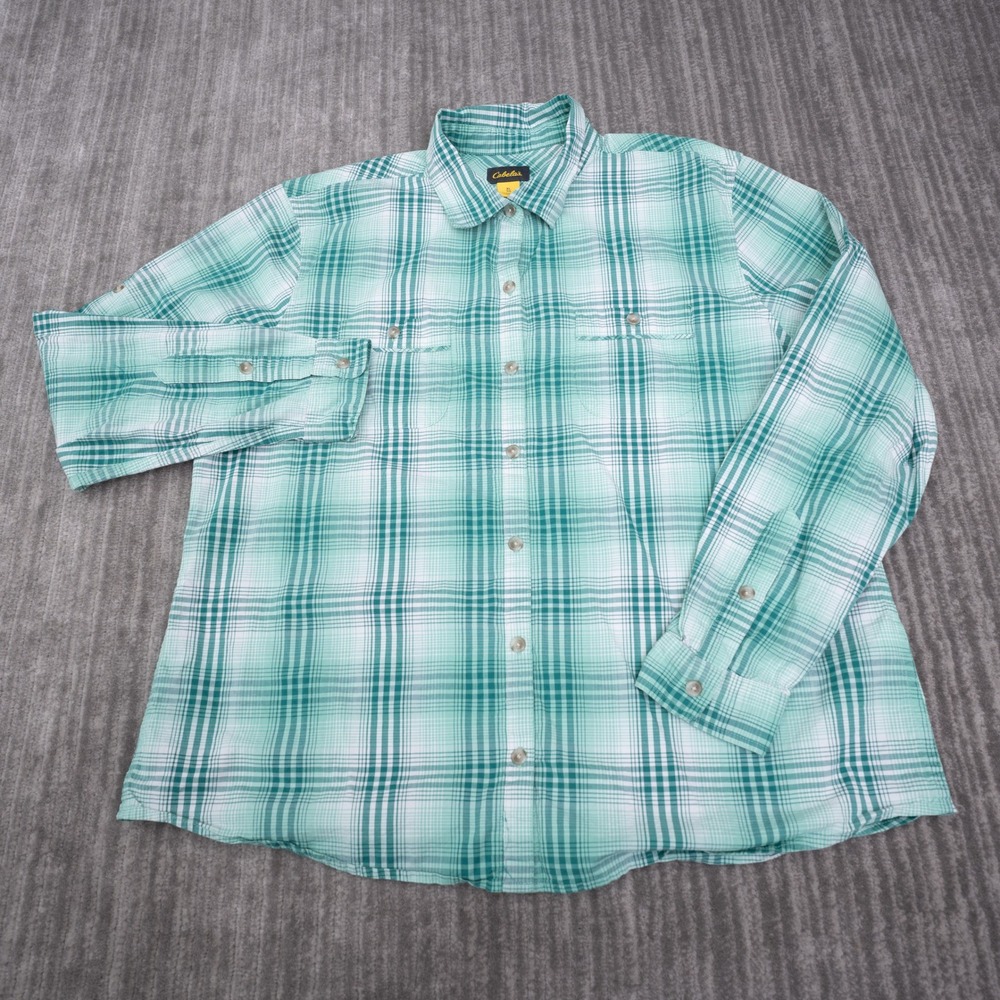 Cabelas Button Down Shirt Women XL Green Plaid Excellent Long Sleeve Stretch